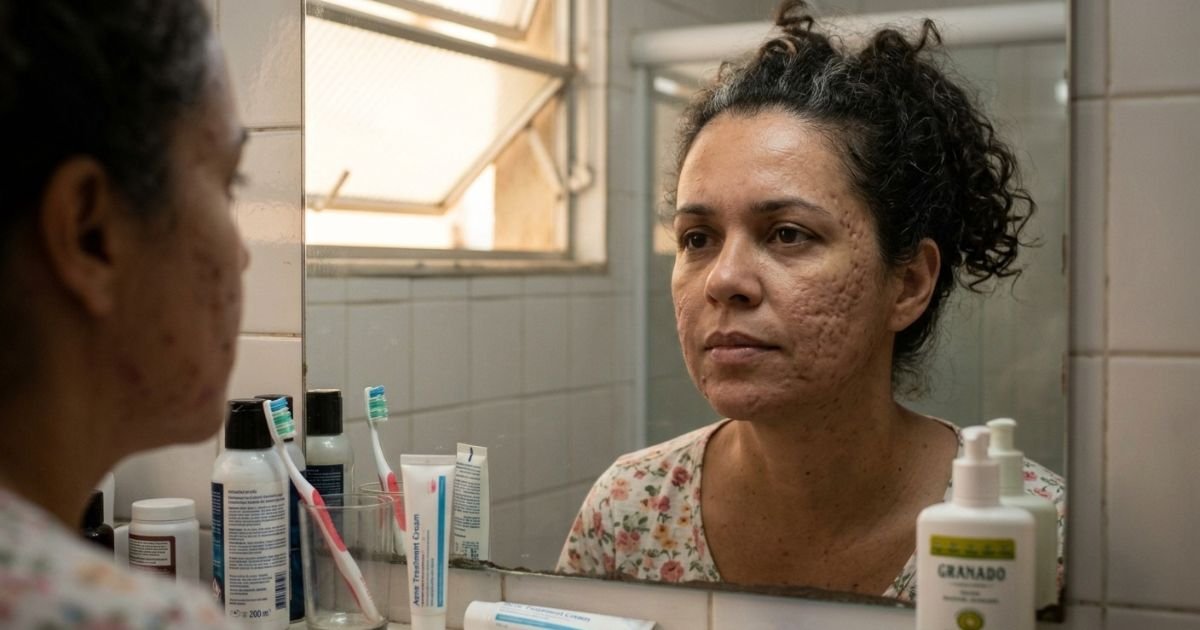 Mulher adulta observando cicatrizes de acne no rosto