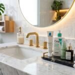 pia de banheiro com produtos de skincare