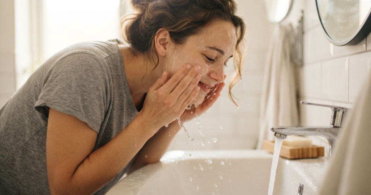 Mulher lavando o rosto com água