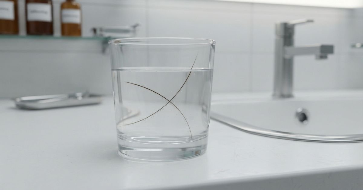 Fios de cabelo dentro de copo com agua, ilustrando teste de porosidade