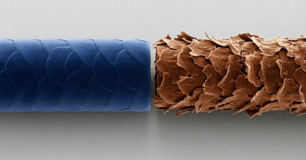 Comparação entre uma fibra capilar com cutícula preservada e uma fibra capilar com cutícula danificada