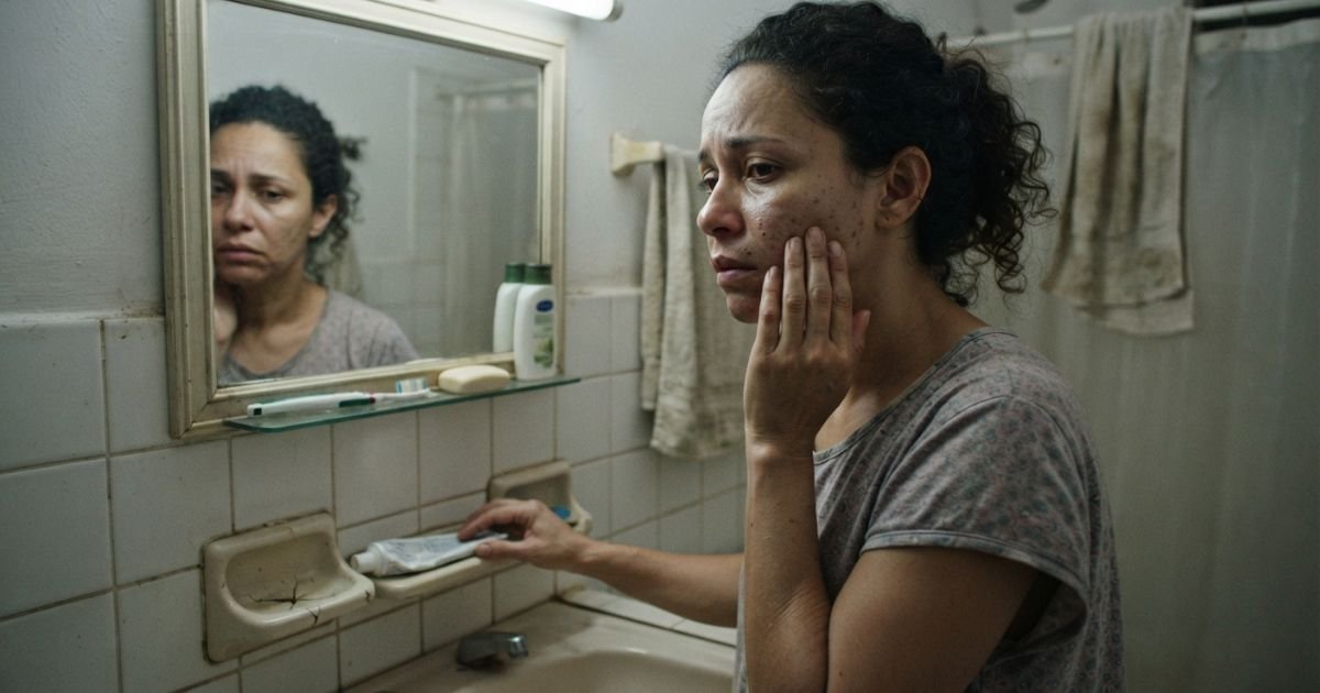 mulher sem dinheiro triste no espelho sem poder fazer skincare
